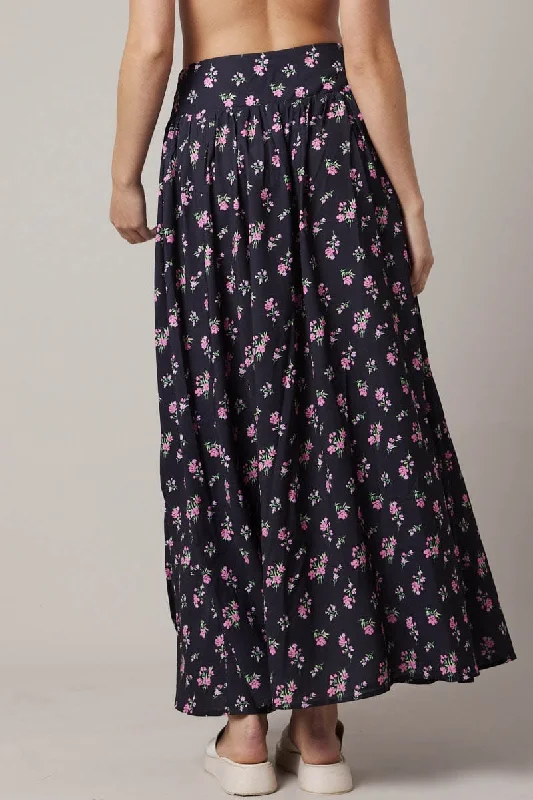 Black Floral Maxi Skirt Bouquet Ditsy Side Split Skirt