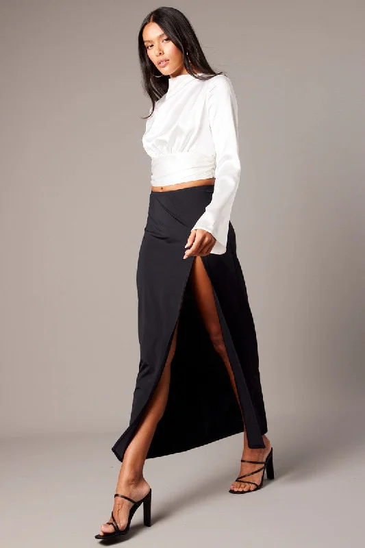 Black Maxi Skirt Mid Rise Split Nylon