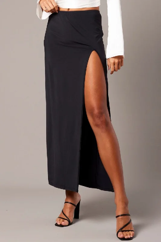 Black Maxi Skirt Mid Rise Split Nylon