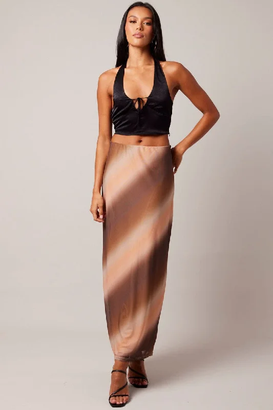 Brown Abstract Maxi Skirt High Rise Mesh