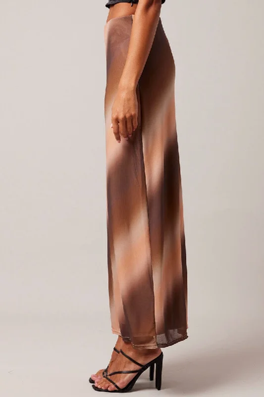 Brown Abstract Maxi Skirt High Rise Mesh