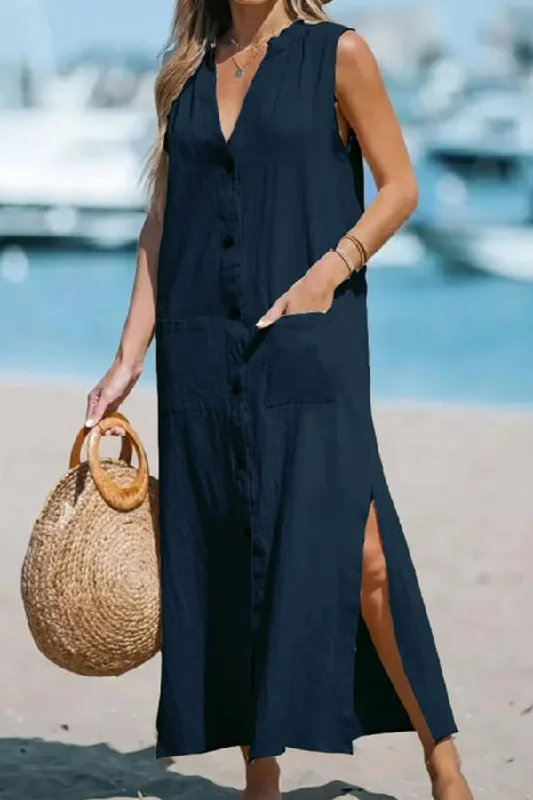 Cotton And Linen Sleeveless Solid Loose V-neck Maxi Dress