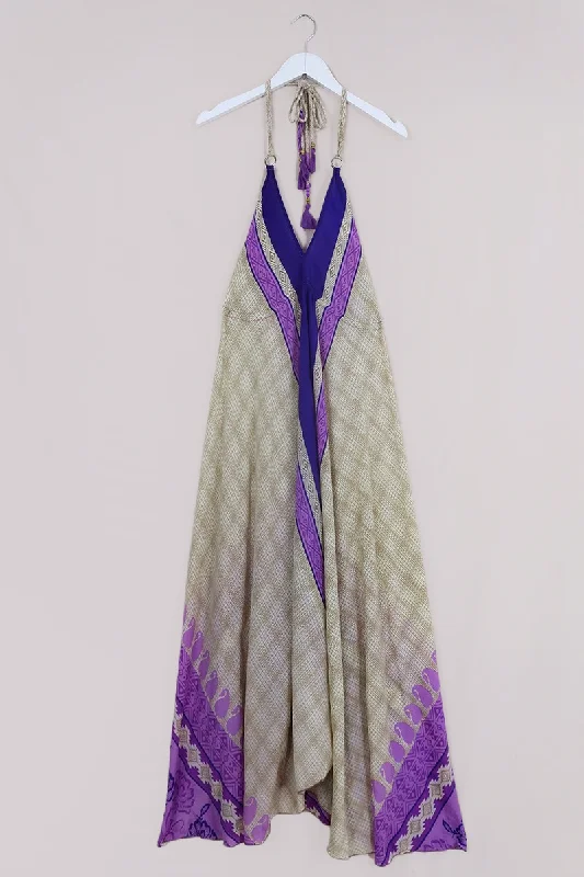 SALE Eden Halter Maxi Dress - Vintage Sari - Amethyst & Ivory Stripe - Free Size S to L