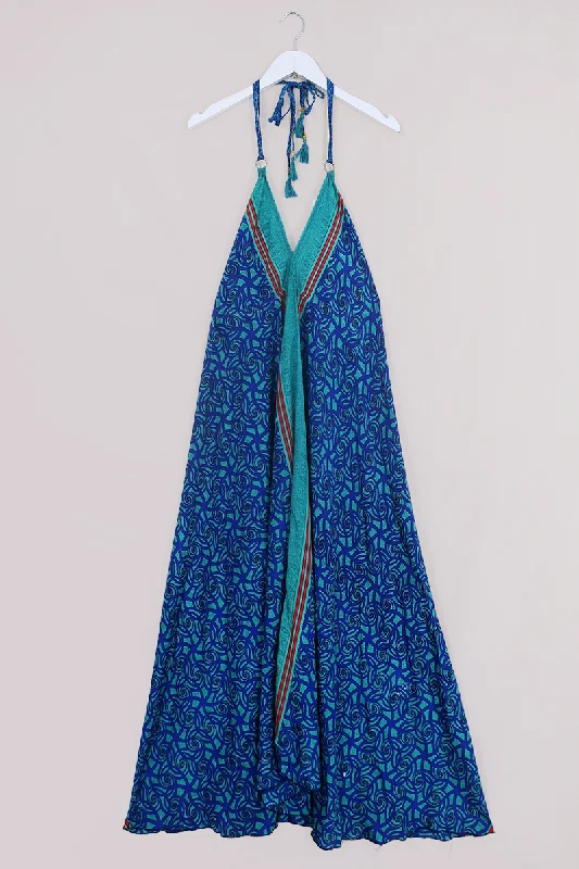 Eden Halter Maxi Dress - Vintage Sari - Spearmint & Sapphire Swirls - Free Size S - M/L