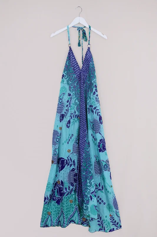 Eden Halter Maxi Dress - Vintage Sari - Embellished Crystal Blue Floral  - Free Size S - M/L