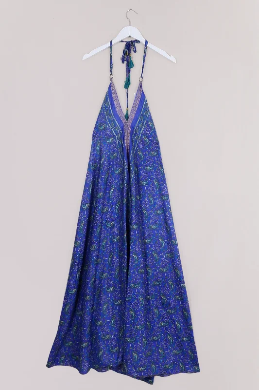 Eden Halter Maxi Dress - Vintage Sari - Embroidered Heather Paisley - Free Size S - M