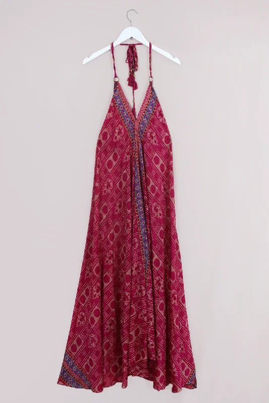 Eden Halter Maxi Dress - Vintage Sari - Cerise & Champagne Tiles - Free Size S - M/L