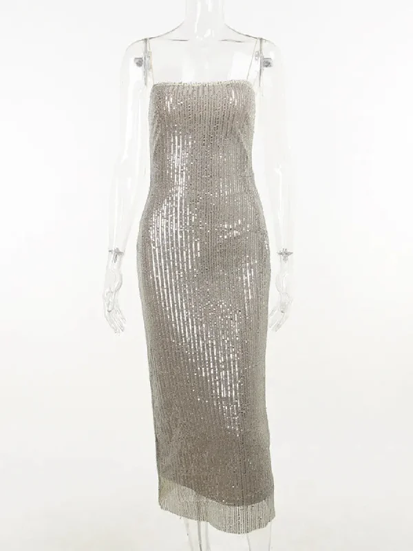 DressBetty - 2024 Elegant Glitter Sparkle Spaghetti Strap Sleeveless Maxi Dress