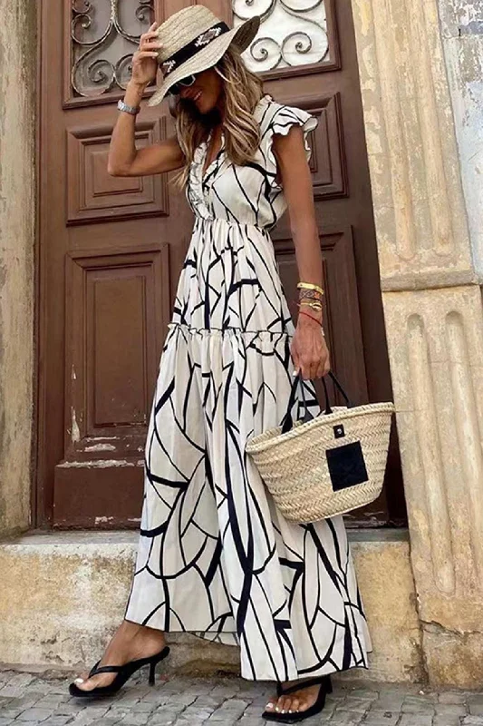 Geometric Print V Neck Ruffle Maxi Dress