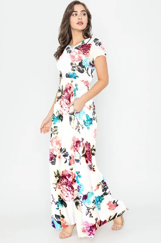 Ivory Floral Short Sleeve Maxi Dress 1436