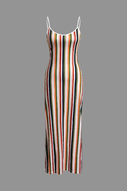 Stripe Braided Tie Slit V-neck Cami Maxi Dress