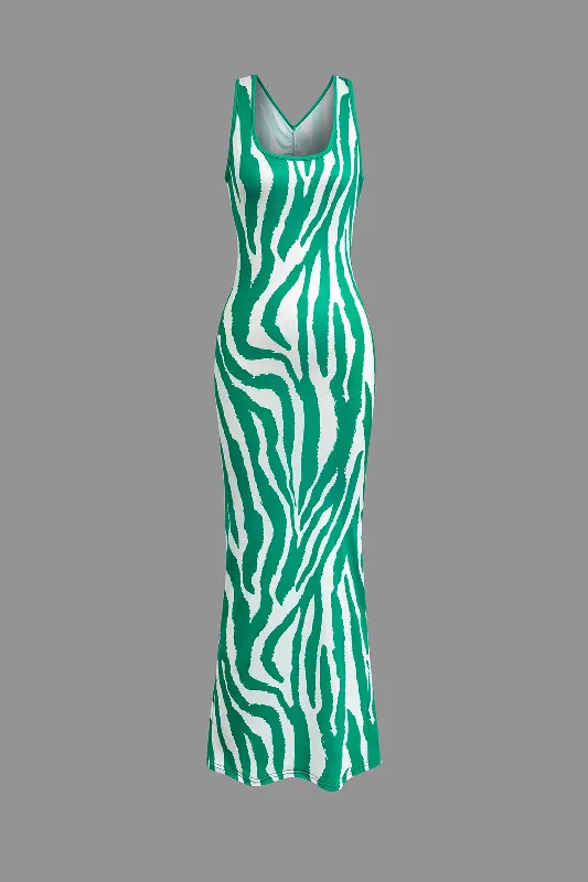 Zebra Print Cut Out Ruched Slit Tank Maxi Dress