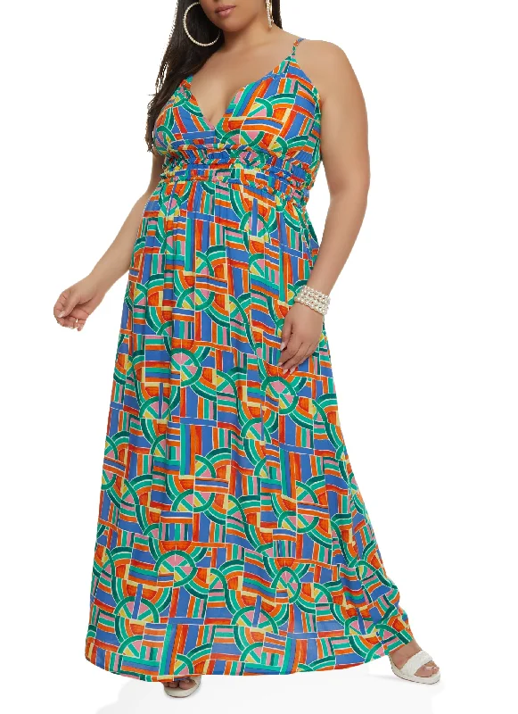 Plus Size Printed V Neck Maxi Dress