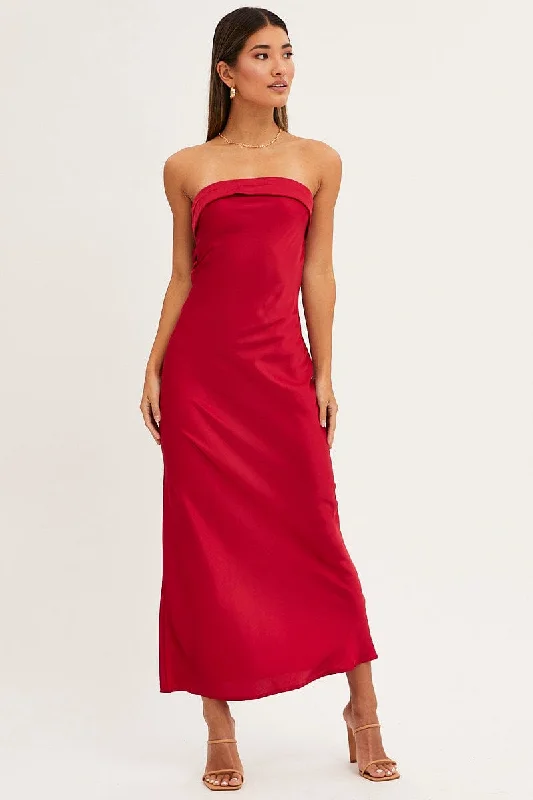 Red Satin Dress Maxi Strapless