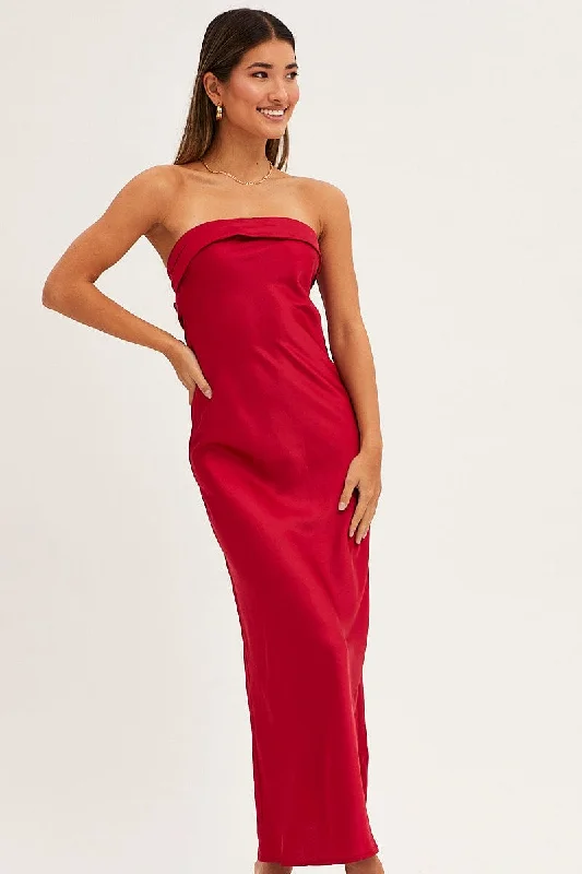 Red Satin Dress Maxi Strapless