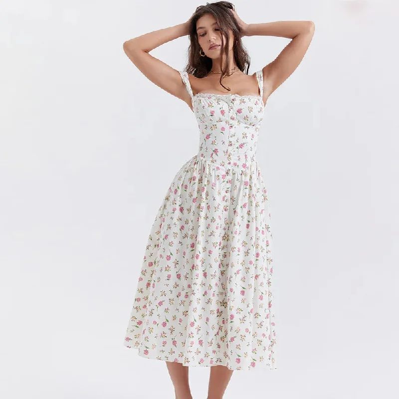 Sexy Lace Floral Print Dress Women Summer Sleeveless Strap Maxi Dress