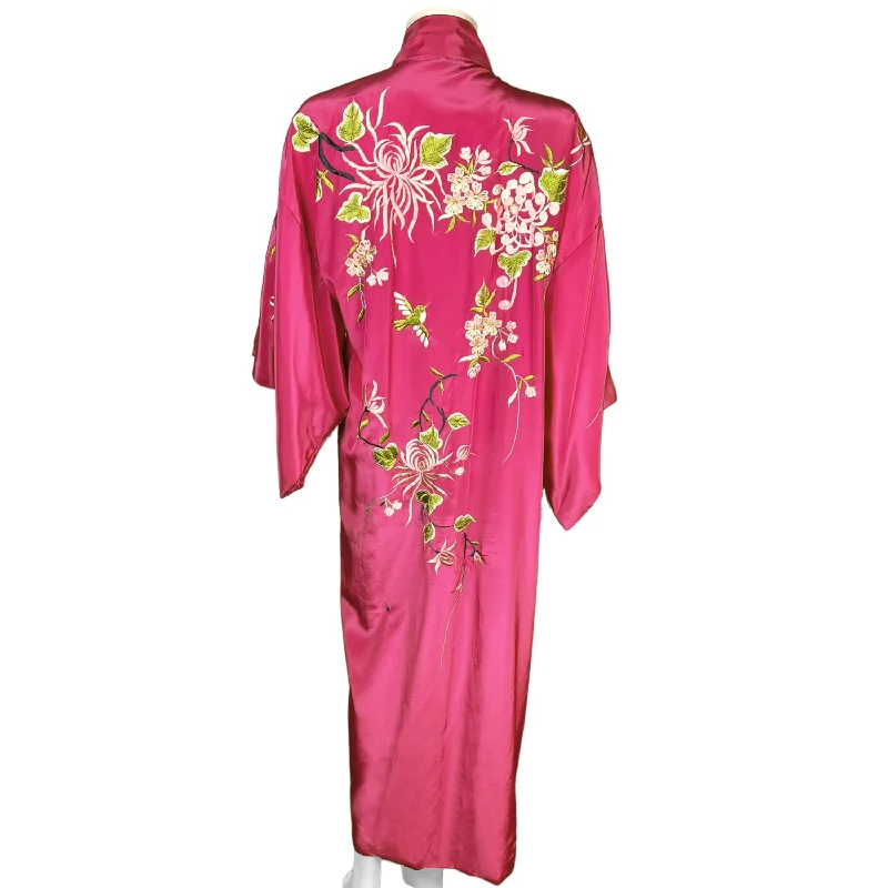 Vintage Embroidered Kimono Dressing Gown Pink Robe Japan