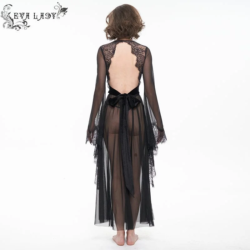 Women's Gothic Flare Sleeved Backless Sheer Sexy Nightgown