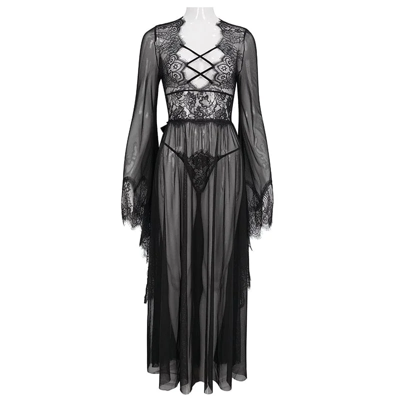 Women's Gothic Flare Sleeved Backless Sheer Sexy Nightgown