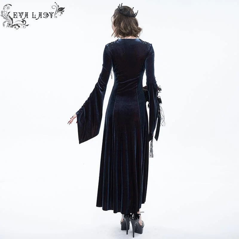 Women's Gothic Flare Sleeved Velet Maxi Wedding Dress With Shoulder Boards Dark Blue