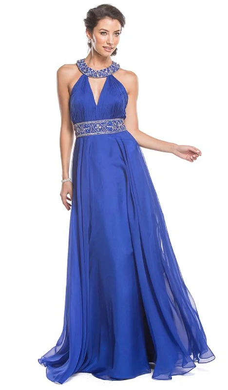 Aspeed Design - Embellished Halter Ruched A-Line Evening Dress Tunics Sophisticated sleek