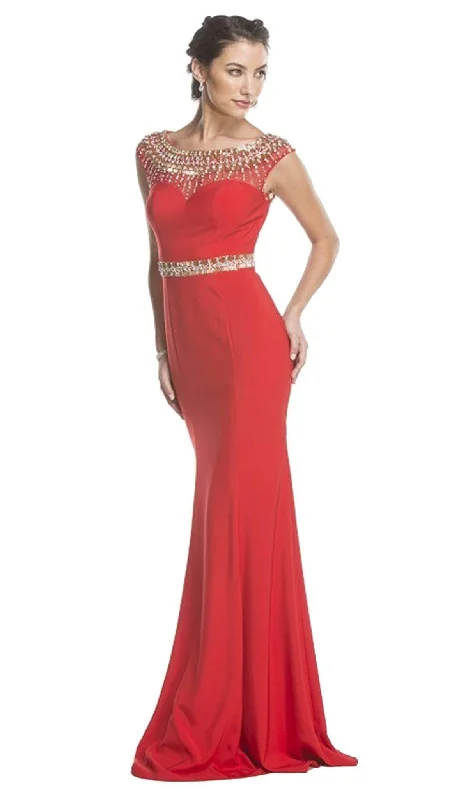 Aspeed Design - Embellished Illusion Bateau Neck Evening Dress Crew Neckline Casual