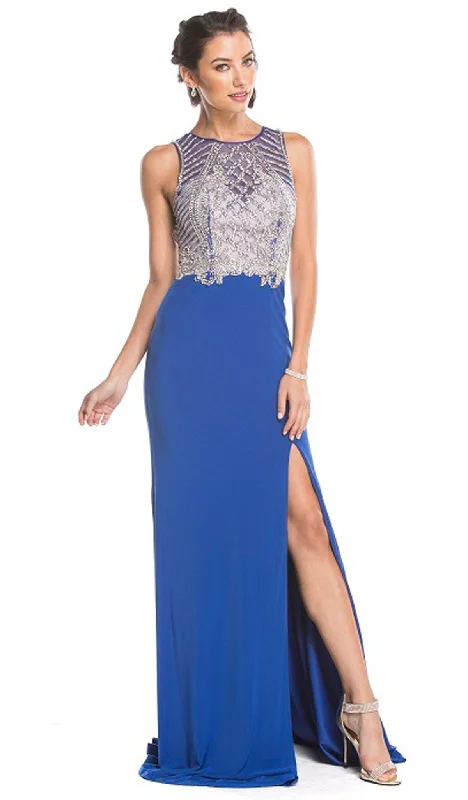 Aspeed Design - Embellished Jewel Neckline Sheath Evening Dress Pencil Length Work