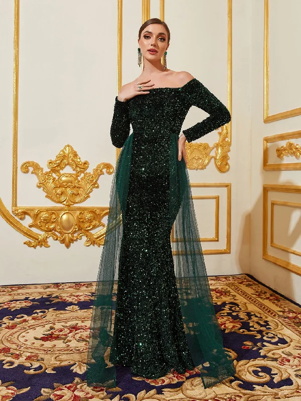 Elegant Off Shoulder Lone Sleeves Mesh Overlay Sequin Evening Dress Turtleneck Warm Winter