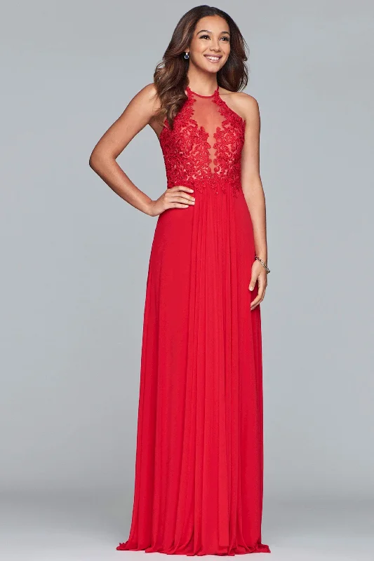 Formal Gowns- Lace Appliqued Illusion Halter Evening Dress S10203 - 1 pc Navy in Size 2 Available High-Low Hemline Casual
