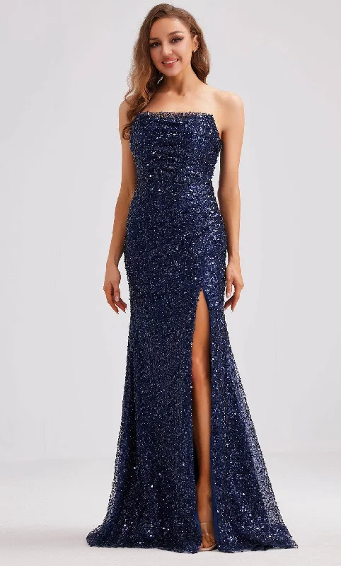 J'Adore Dresses J23020 - Draped Sequin Evening Dress with Slit Tunics Party sparkling