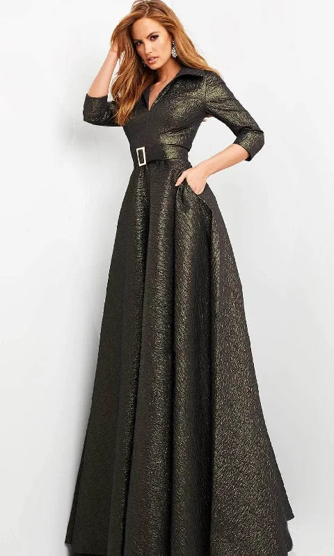 Jovani - Collared V-Neck Metallic Evening Dress 05075SC Boatneck Modish Everyday