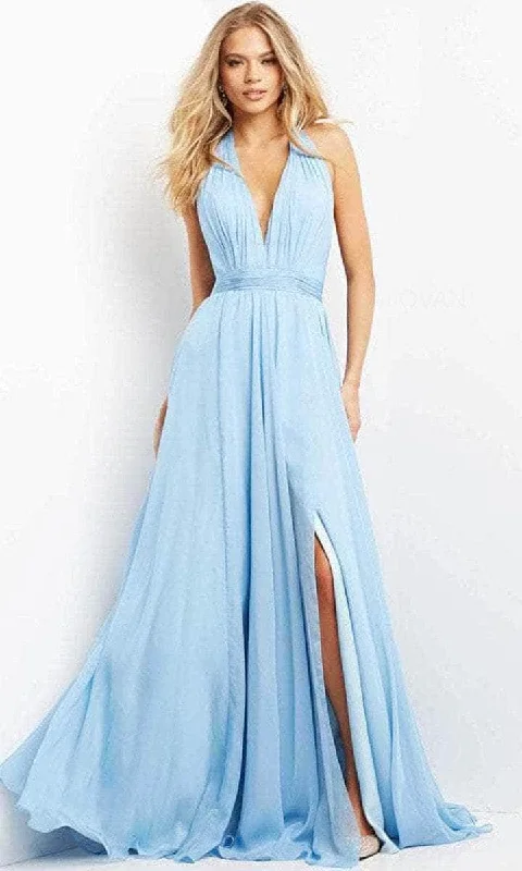 Jovani - Plunging Halter Evening Dress 08682SC - 1 pc Light Blue In Size 8 Available Pleated Skirt Elegant