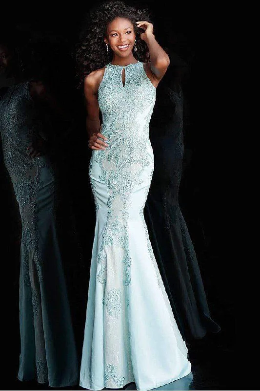 JVN by Jovani - Fitted Beaded Lace Halter Evening Dress JVN55869SC Satin Halter Glamorous