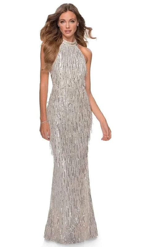 La Femme - Sequined Fringe High Halter Evening Dress 28819SC - 1 pc Silver In Size 0 Available Tunics stripes playful