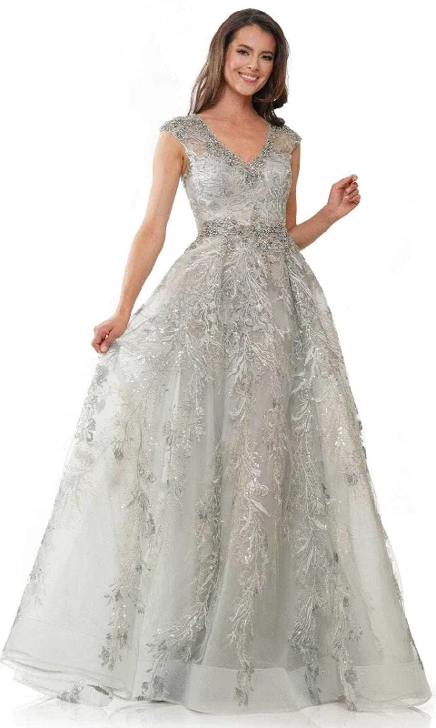 Marsoni by Colors MV1255 - V-Neck Lace Embroidered Evening Dress Turtleneck Neckline Stylish