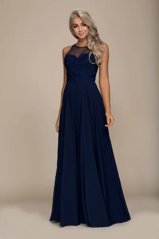 Nox Anabel Jeweled Lace Bodice Chiffon A-Line Evening Dress - 1 pc Navy Blue In Size L Available Crew Neckline Sporty