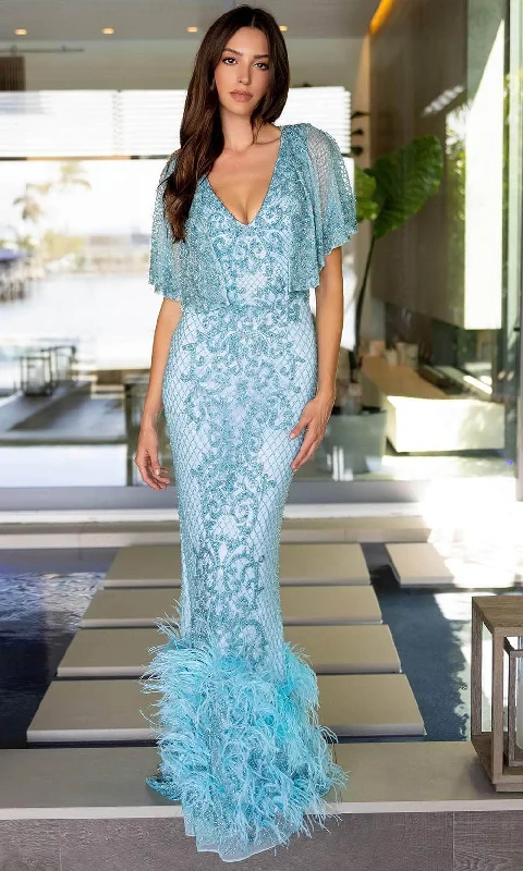 Primavera Couture 12161 - V-Neck Feather Hem Evening Dress Tunics Floral girly