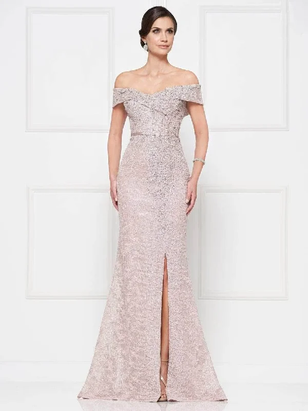 Rina Di Montella - Lace Off-Shoulder Evening Dress with Slit RD2655 Crew Neckline Sporty