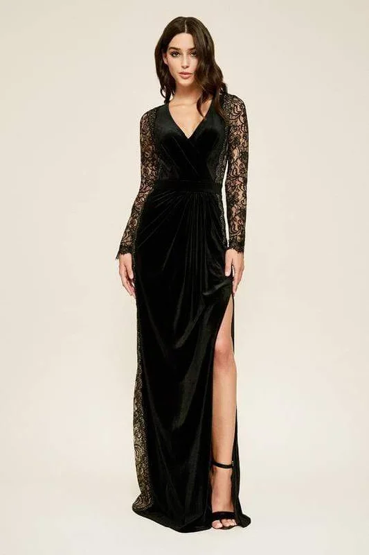 Tadashi Shoji - Molin Lace Long Sleeve Velvet A-line Evening Dress - 1 pc Black/Nude In Size 00 Available Tunics Recommended stylist