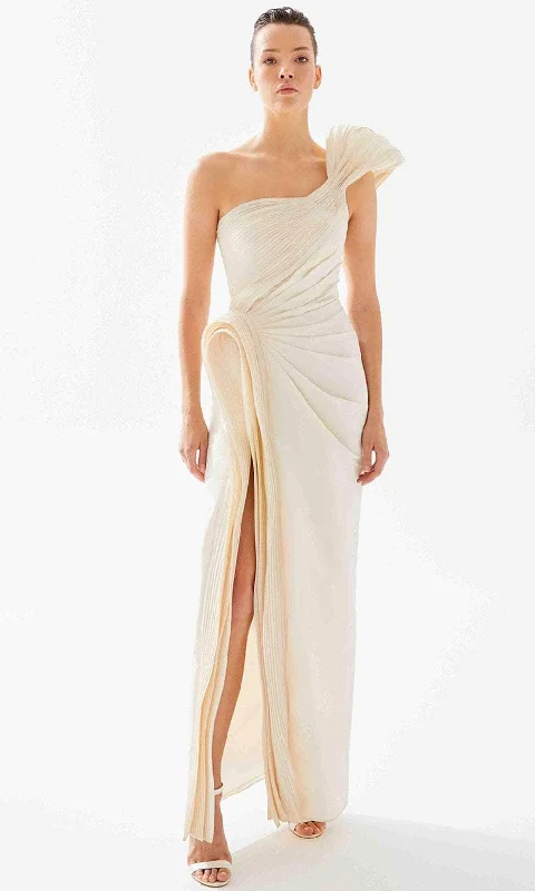 Tarik Ediz 98260 - Pleated One Shoulder Evening Dress Tunics Handmade artisanal