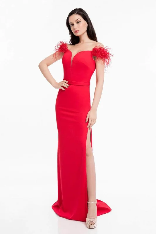 Terani Couture 1821E7103 - Feather Off Shoulder Evening Dress Peplum Ruffle Cocktail