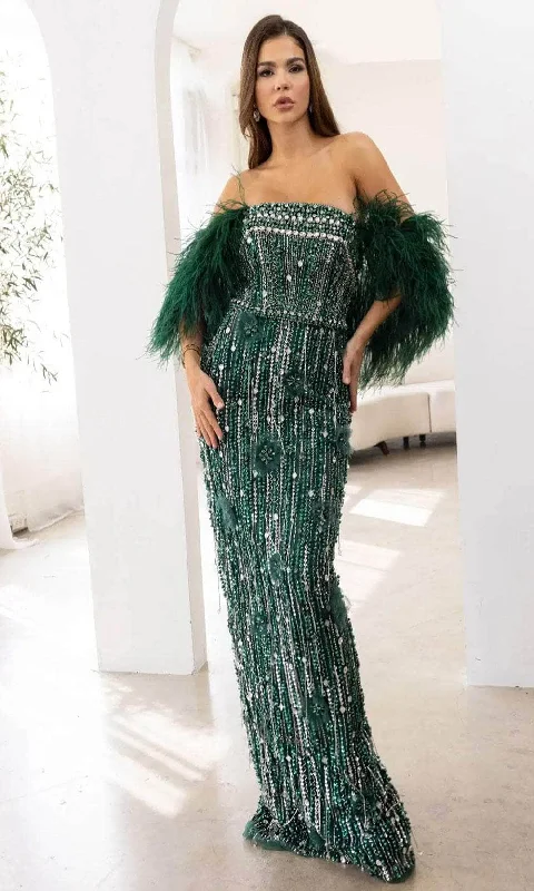 Terani Couture 241GL2603 - Feather Off-Shoulder Evening Dress Tunics Silk luxurious