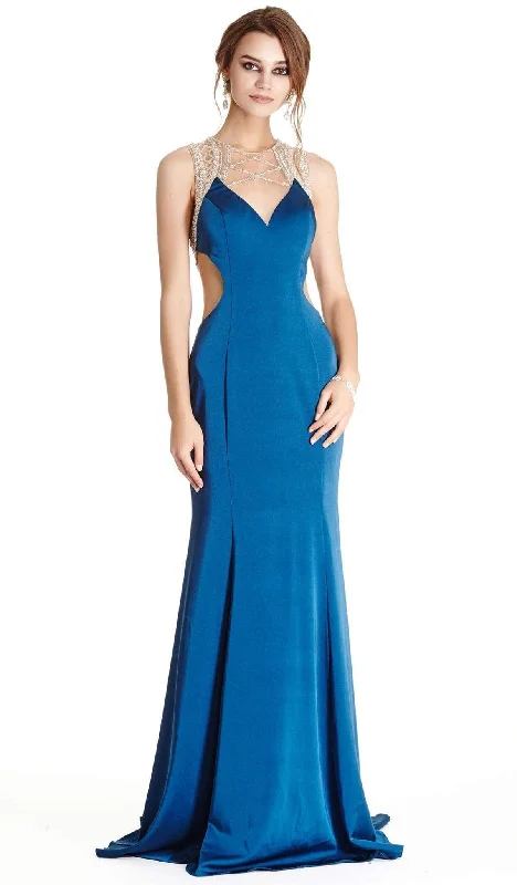 Trevi Collection - Embellished Illusion Jewel Neck Evening Dress Cowl Neckline Elegant