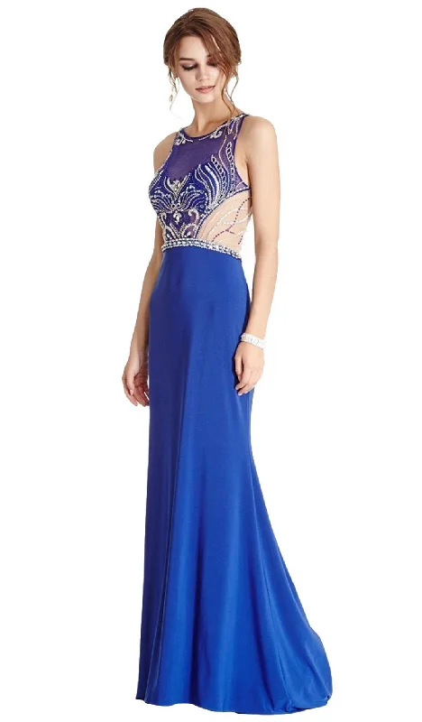 Trevi Collection - Embellished Sheer Halter Sheath Evening Dress Mermaid Tail Wedding